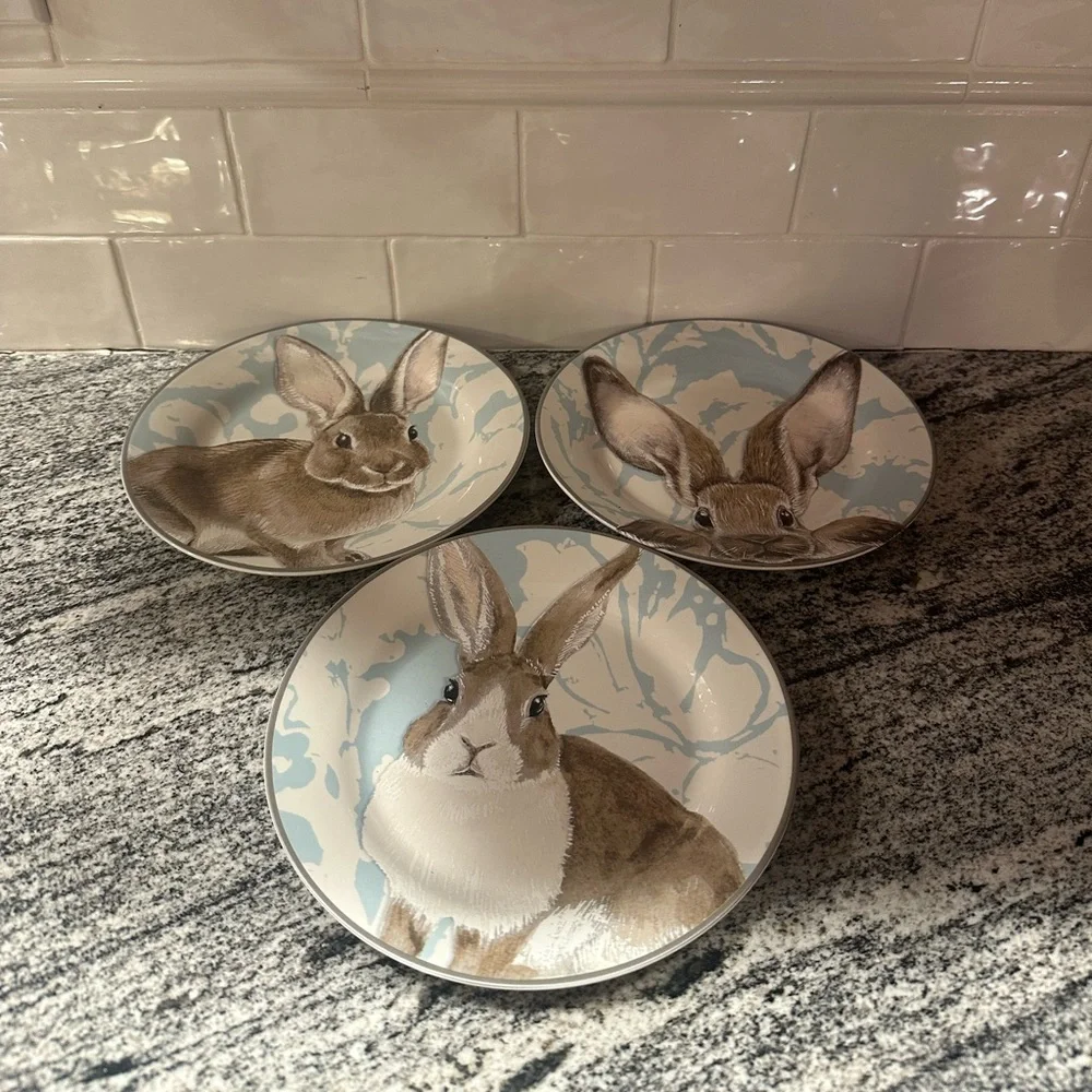 Williams Sonoma Damask Bunny Salad Plates Set Of 3